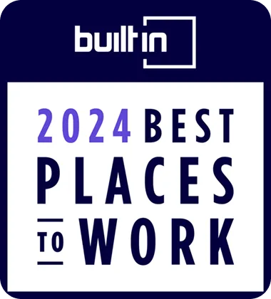Built In 2024 Best Places to Work award badge in blue, white, and purple