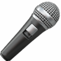 Black handheld microphone with silver grille on a white background