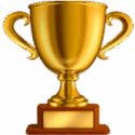 Gold trophy cup with two handles on a square base