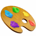 Wooden paint palette with five colorful paint blobs: blue, green, yellow, purple, and red.