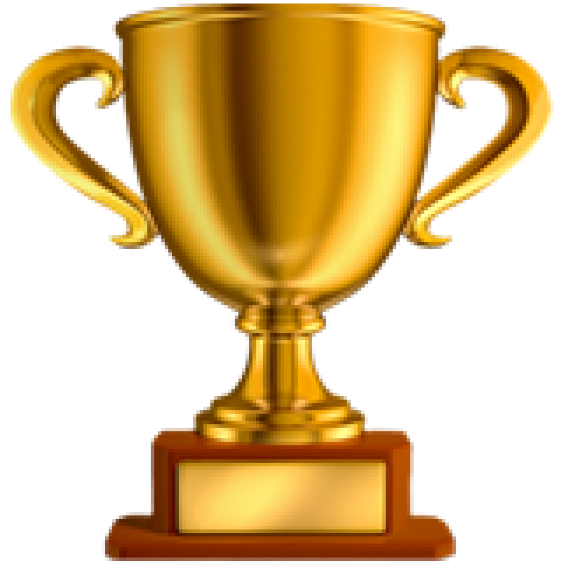 Gold trophy cup with handles on a wooden base