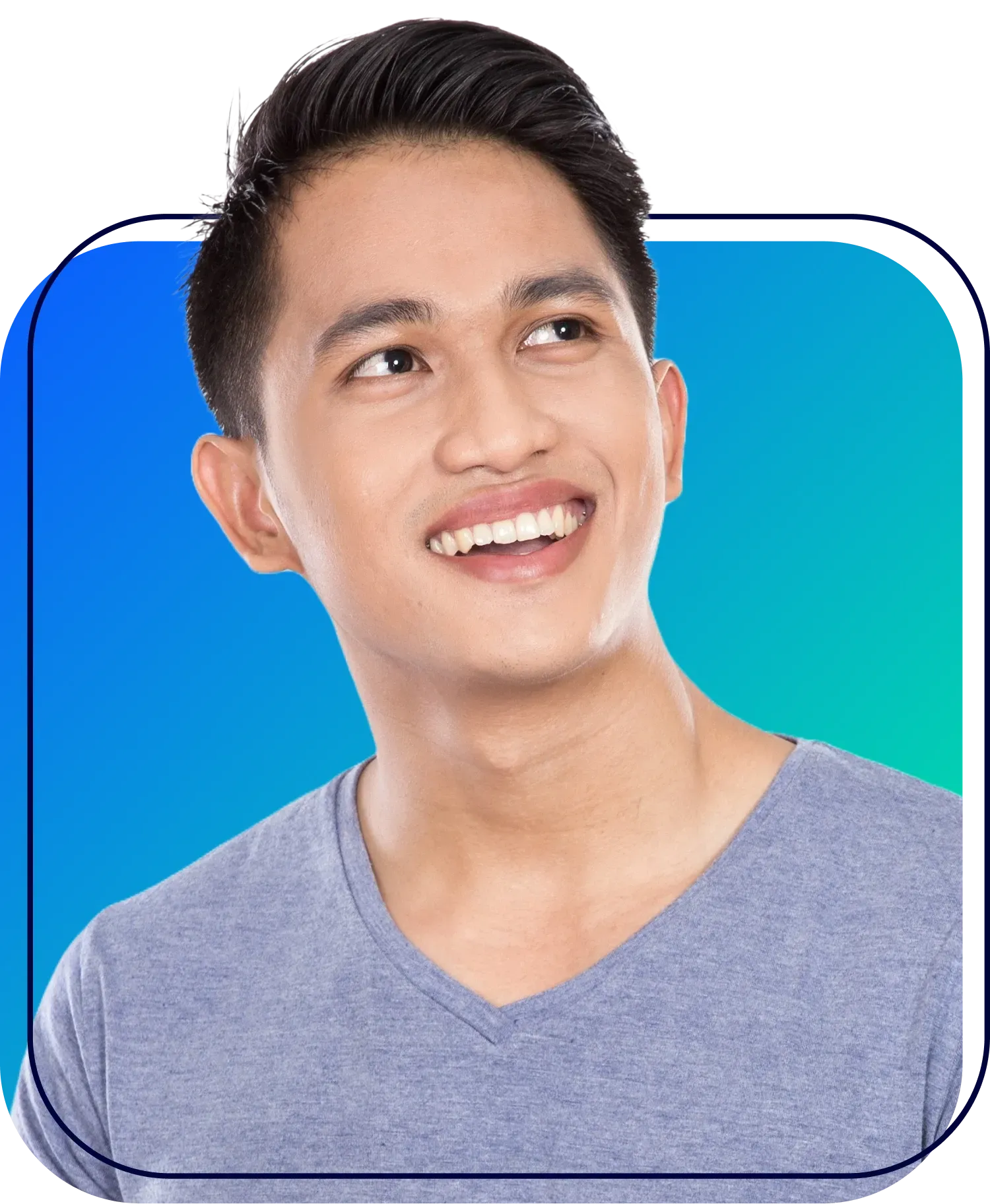 Smiling person in a gray V-neck shirt on a blue gradient background