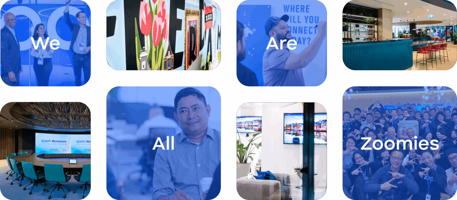 Collage of blue-tinted Zoomies office scenes with team photos and brand text.