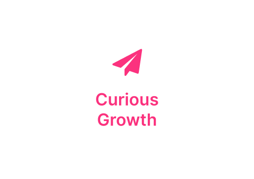 Pink paper airplane logo above the words “Curious Growth” on a white background