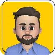 Cartoon avatar with dark hair and beard on a yellow background