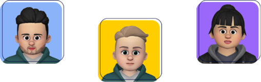 Three cartoon avatar icons on a white background, each in a colored rounded square.