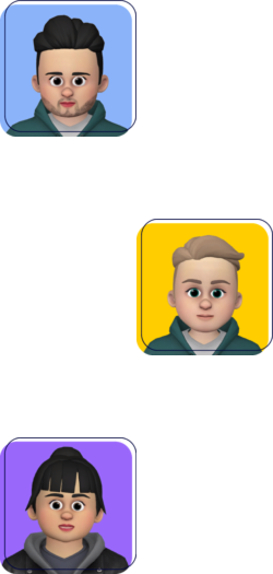 Three cartoon avatar icons on a white background, each in a colored rounded square.