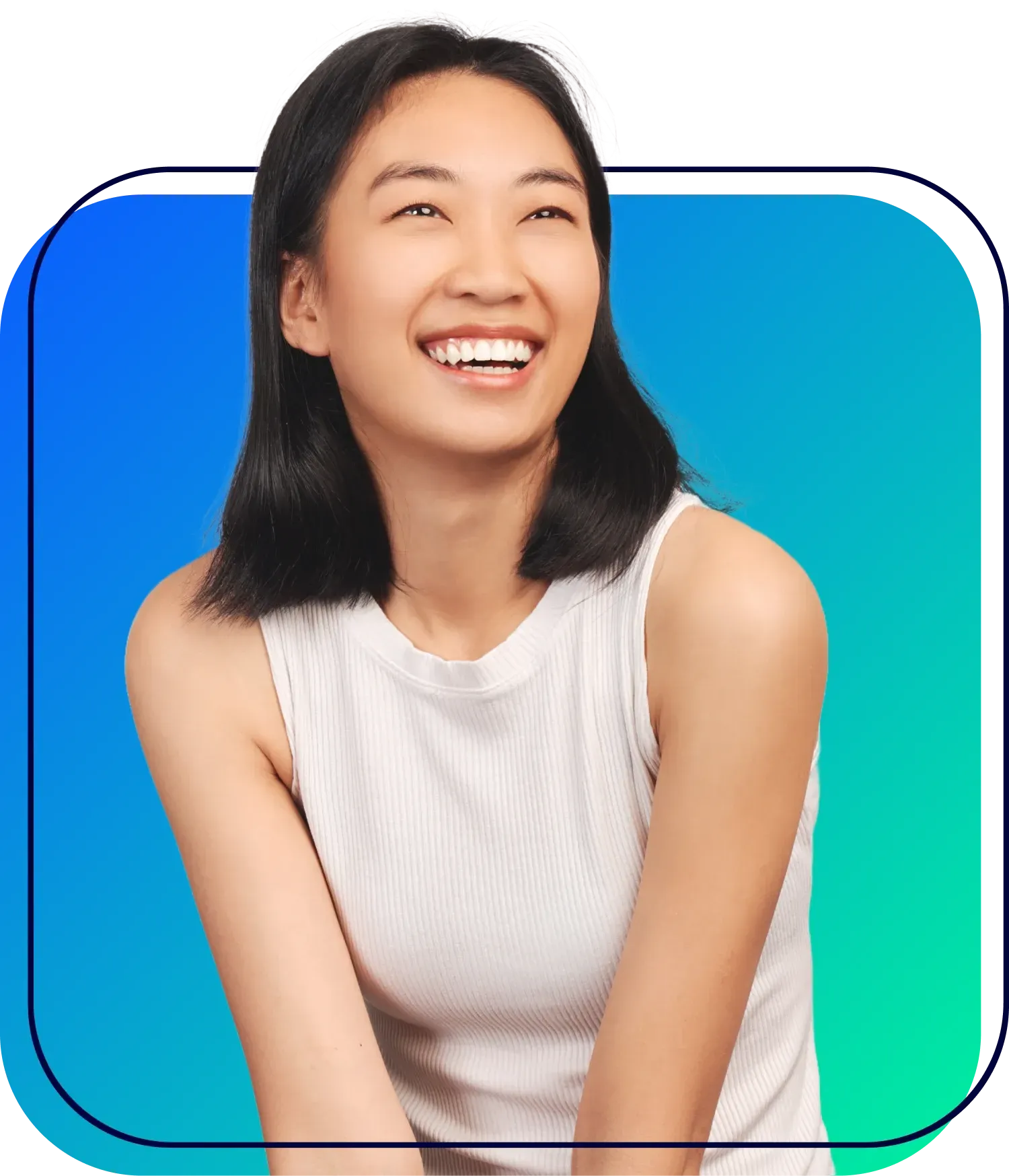 Smiling woman in a white sleeveless top against a blue gradient background.
