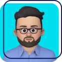 Cartoon avatar of a man with glasses, beard, and blue shirt on a turquoise background