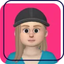 Cartoon avatar with blonde hair and cap on a pink-blue gradient background