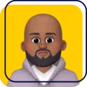 Stylized bald bearded avatar on a yellow background with purple border