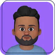 Cartoon avatar with dark hair and beard on a purple background