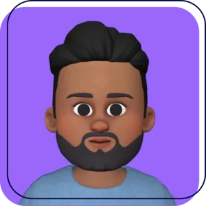Cartoon avatar with dark hair and beard on a purple background