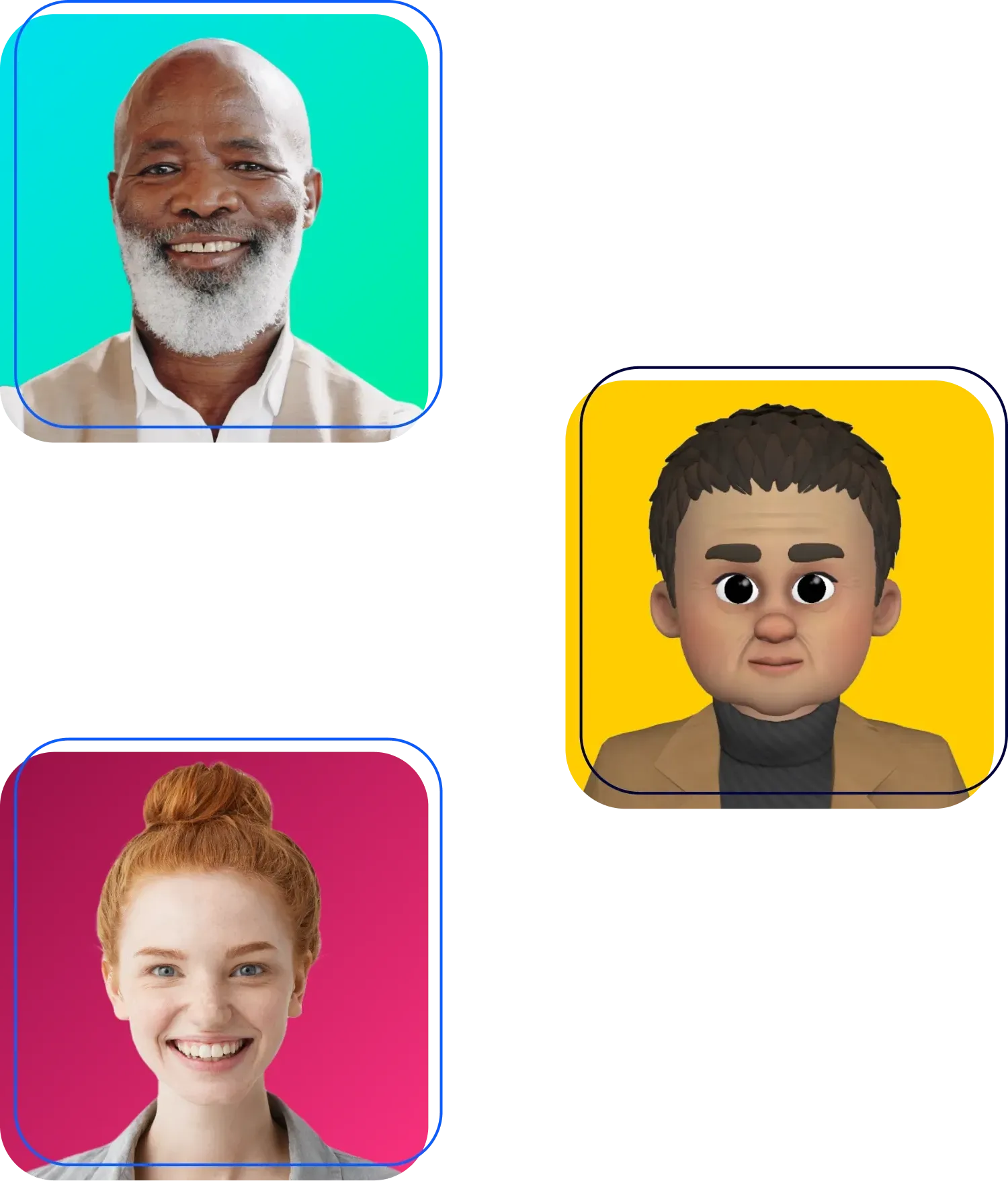 Three avatar portraits in colored squares: teal smiling man, yellow neutral character, pink smiling woman.