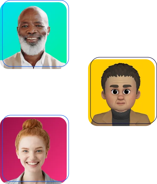 Three avatar portraits in colored squares: teal smiling man, yellow neutral character, pink smiling woman.