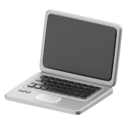 Silver laptop with open black screen, viewed at an angle on a white background