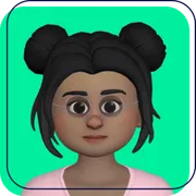 Cartoon avatar with black hair buns, glasses, and a pink shirt on a green background