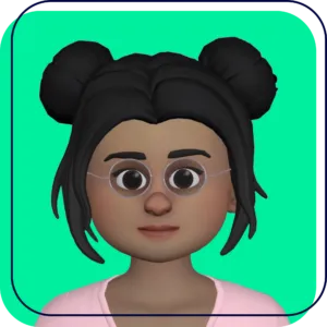 Cartoon avatar with black hair buns, glasses, and a pink shirt on a green background