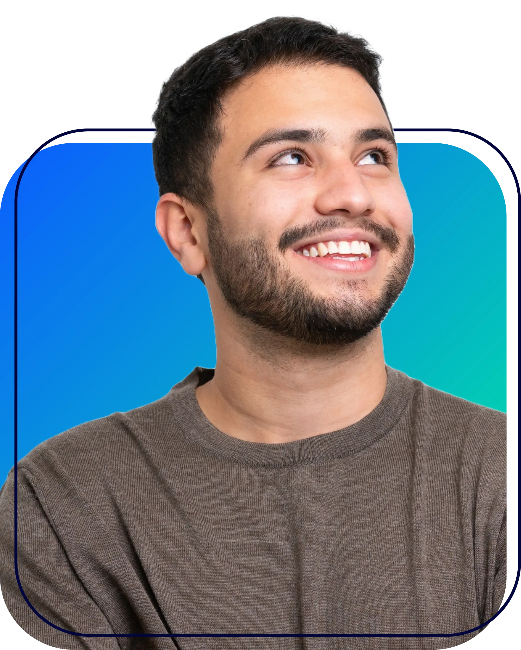 Smiling person with an afro and glasses wearing a yellow plaid shirt on a bright blue background