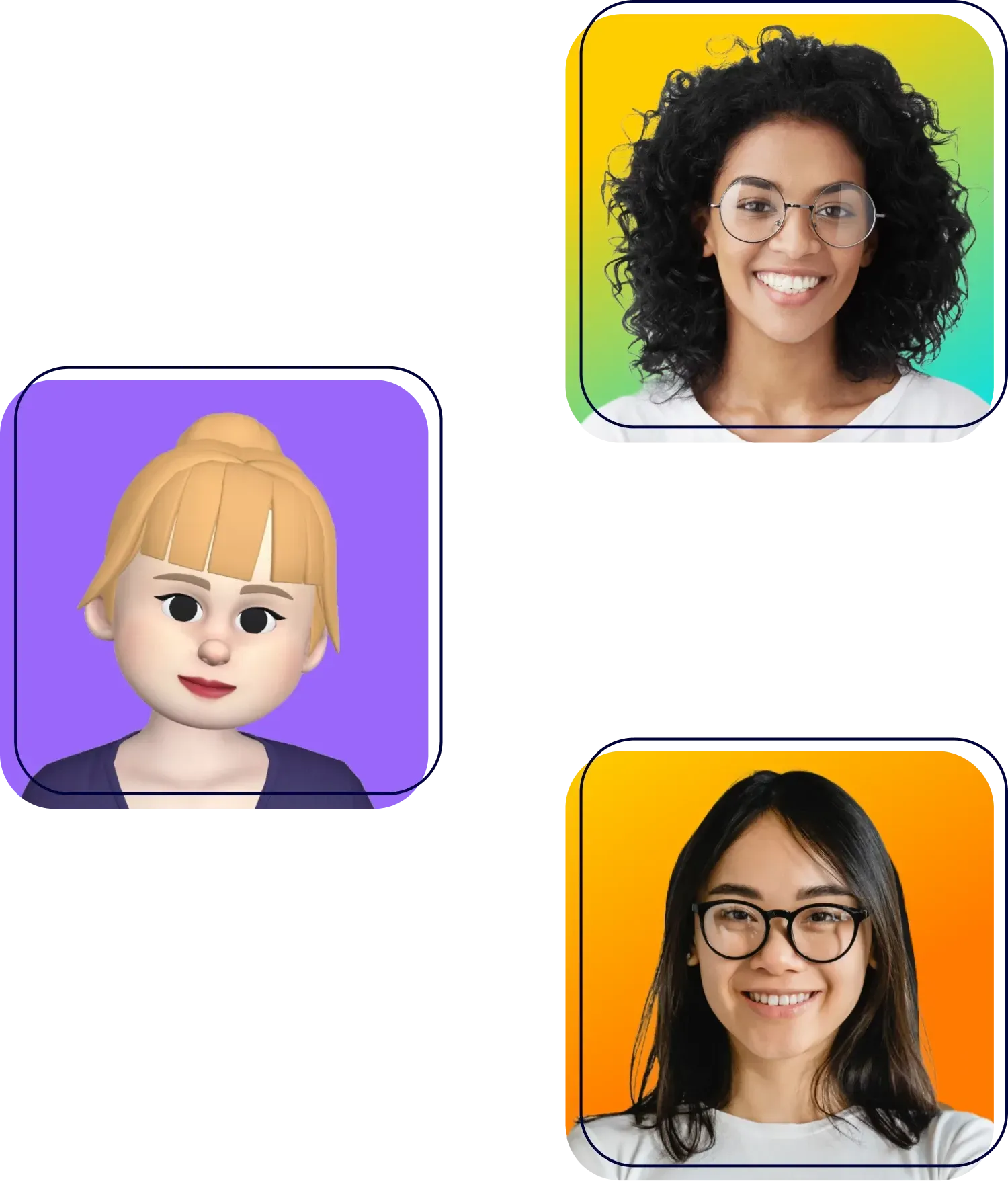 Three profile avatars on white background: a cartoon face on purple, and two smiling women on green and orange.