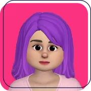 Cartoon avatar with purple hair on a pink background, looking forward with a neutral expression