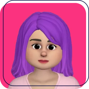 Cartoon avatar with purple hair on a pink background, looking forward with a neutral expression