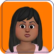 Animated avatar with straight black hair on an orange background, wearing a light pink top.