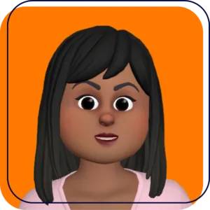 Animated avatar with straight black hair on an orange background, wearing a light pink top.