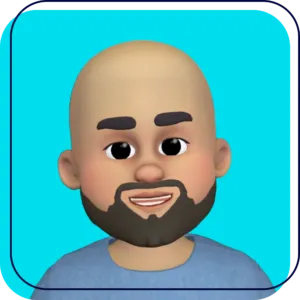 Smiling bald cartoon avatar with beard on a turquoise background
