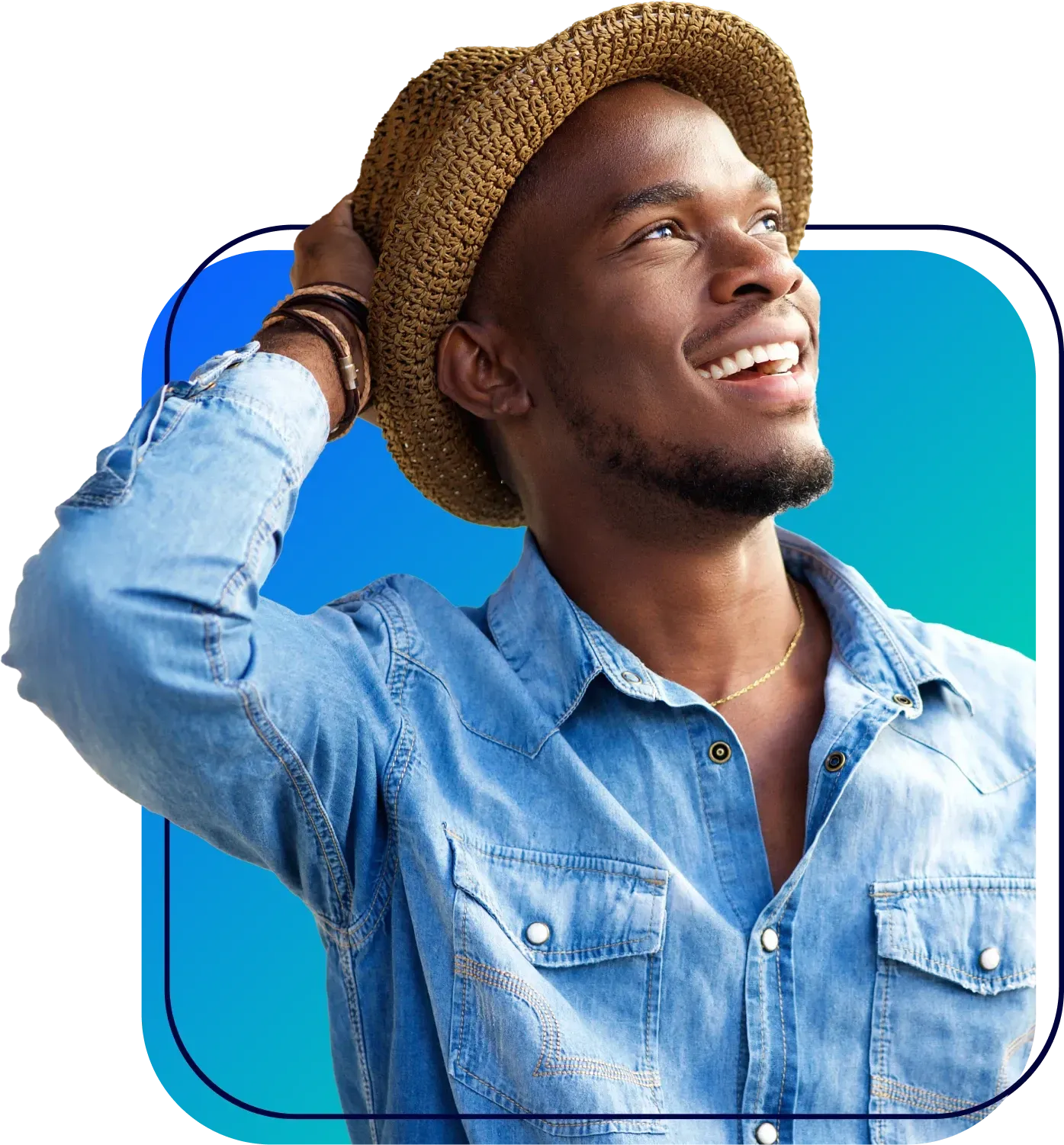 Smiling man in a straw hat and denim shirt against a blue gradient background
