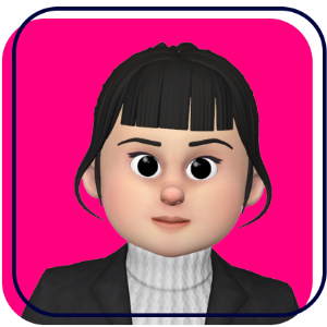 Cartoon avatar with purple hair on a pink background