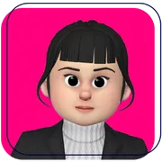 Cartoon avatar with purple hair on a pink background, looking forward with a neutral expression