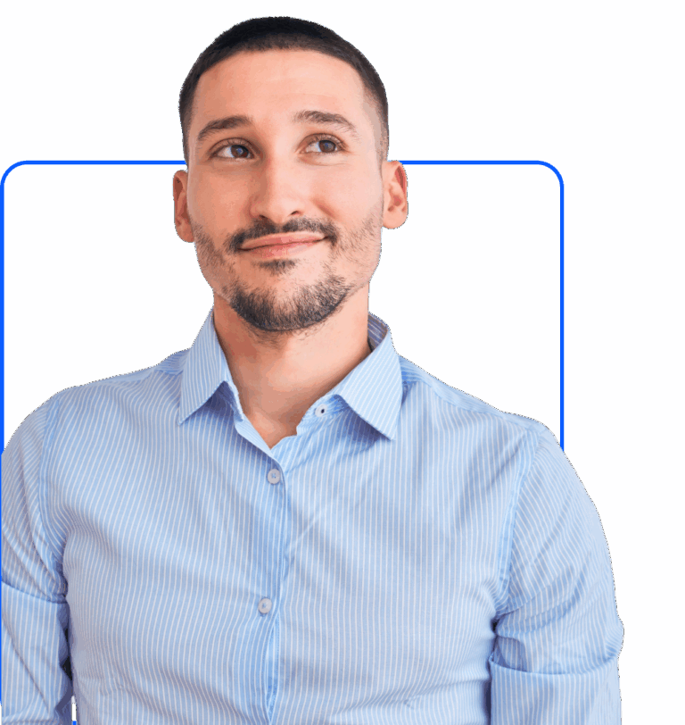 Smiling man in a light blue striped shirt against a white background