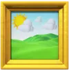 Framed landscape painting with a bright sun over green hills and clouds