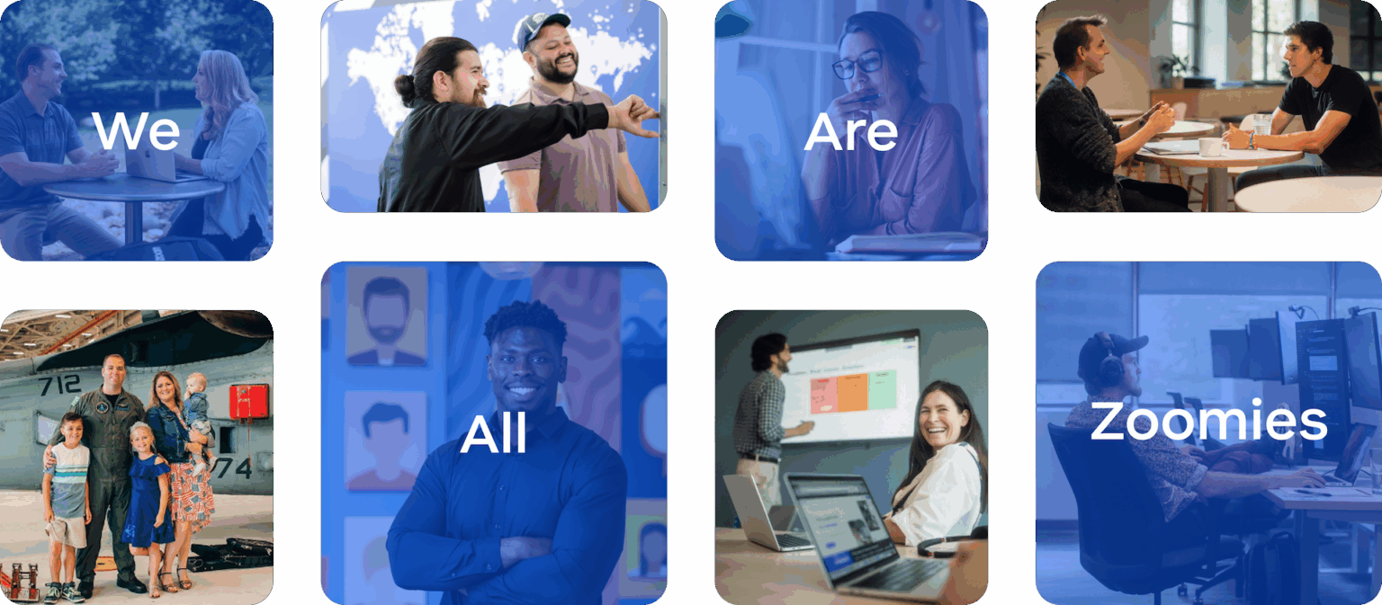 Blue Zoomies collage with six workplace scenes and the words “We Are All Zoomies.”