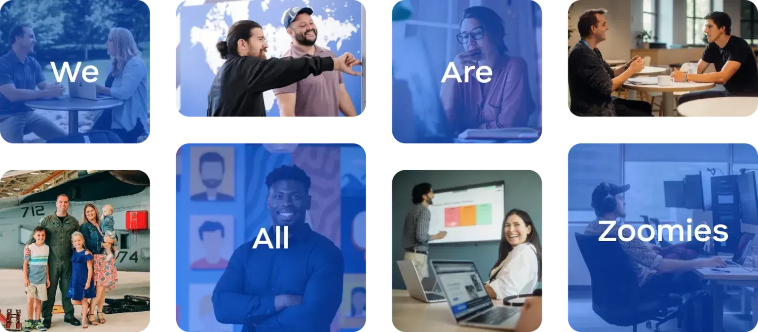 Blue collage reading “We Are All Zoomies” with office scenes of people meeting and working