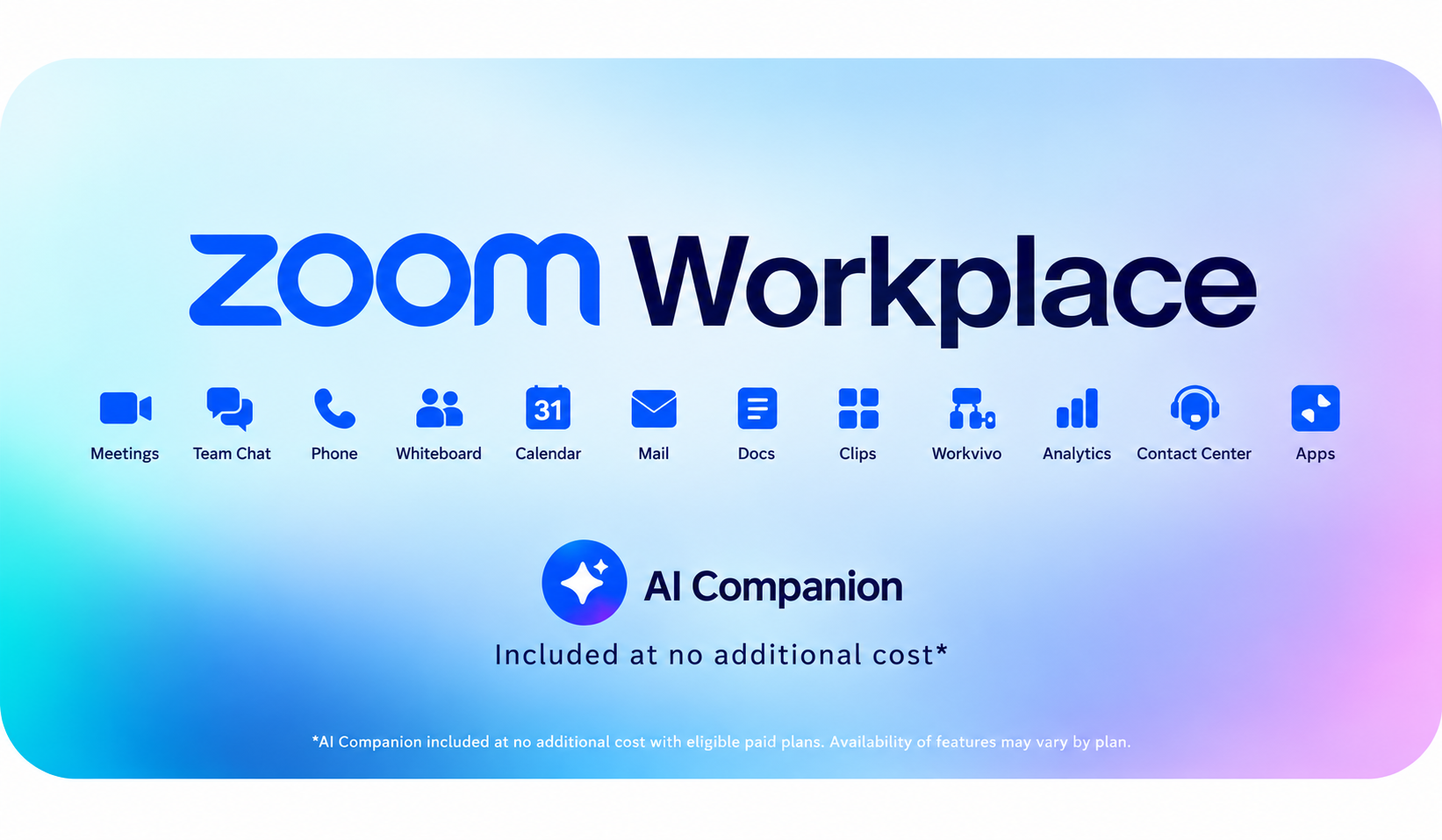 Zoom Workplace promotional banner with blue logo on a soft pink-to-blue gradient background, featuring AI Companion icons.